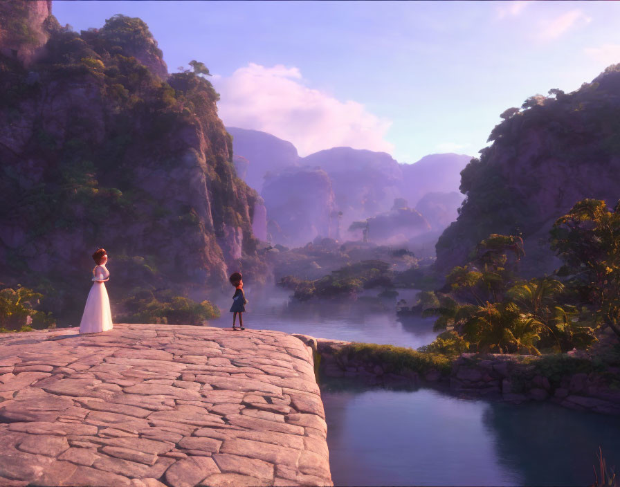 Animated characters on cliff overlooking misty valley at sunrise