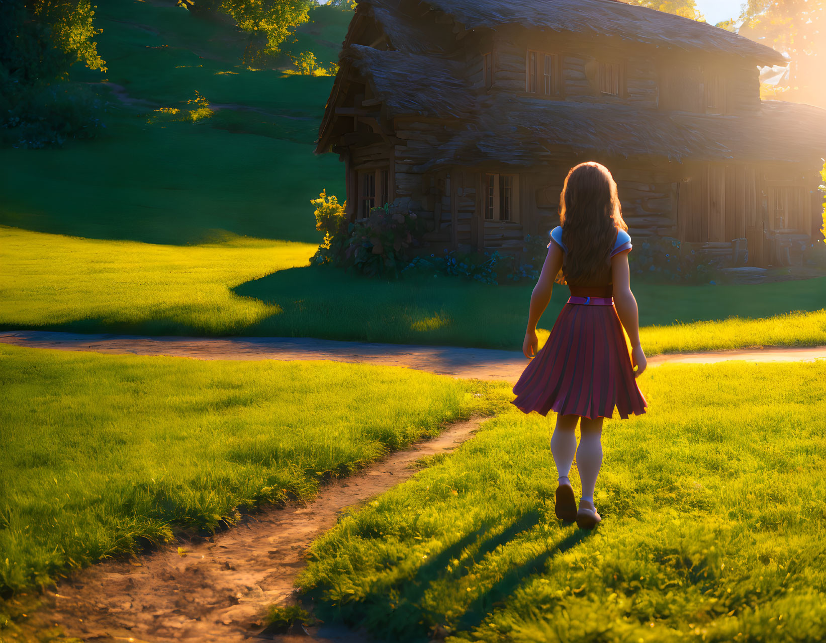 Girl in red dress approaching cozy wooden cottage in lush meadow