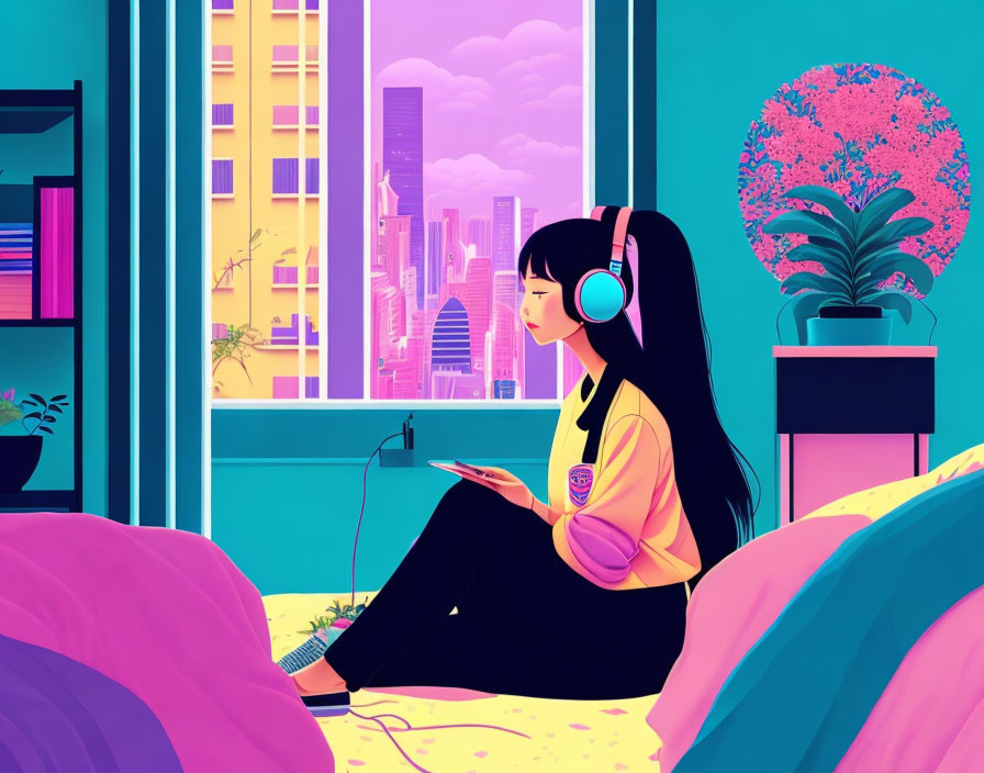 Girl with headphones looking at tablet near window in vibrant cityscape.