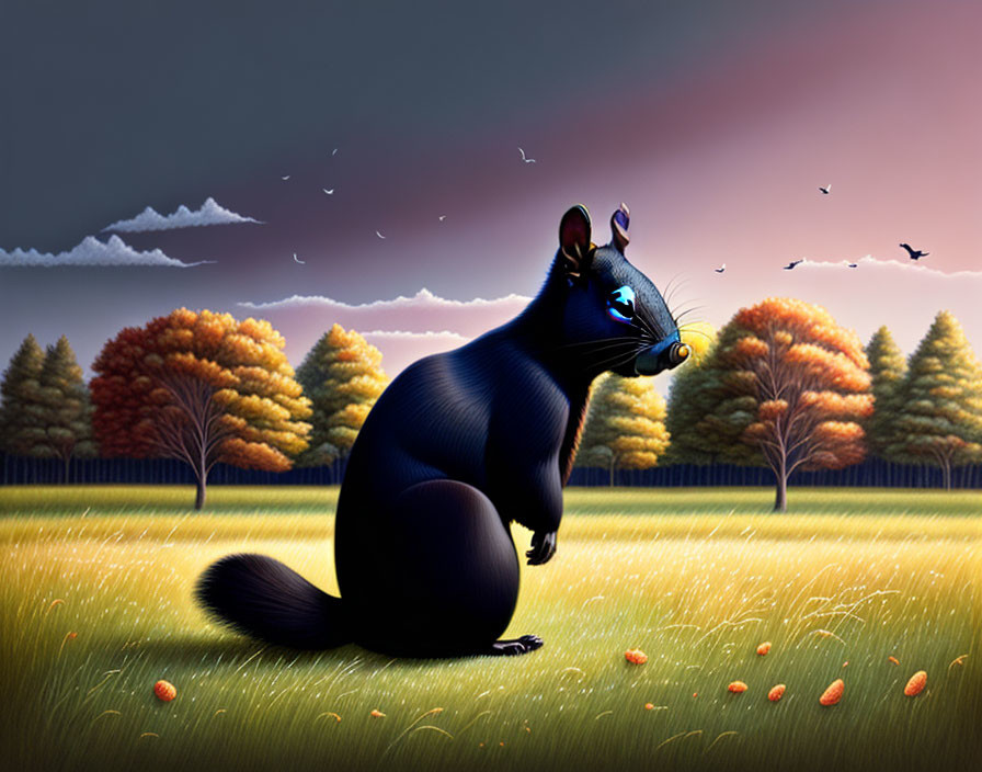 Digital artwork: Oversized black squirrel in autumn field with sunset sky and firefly.