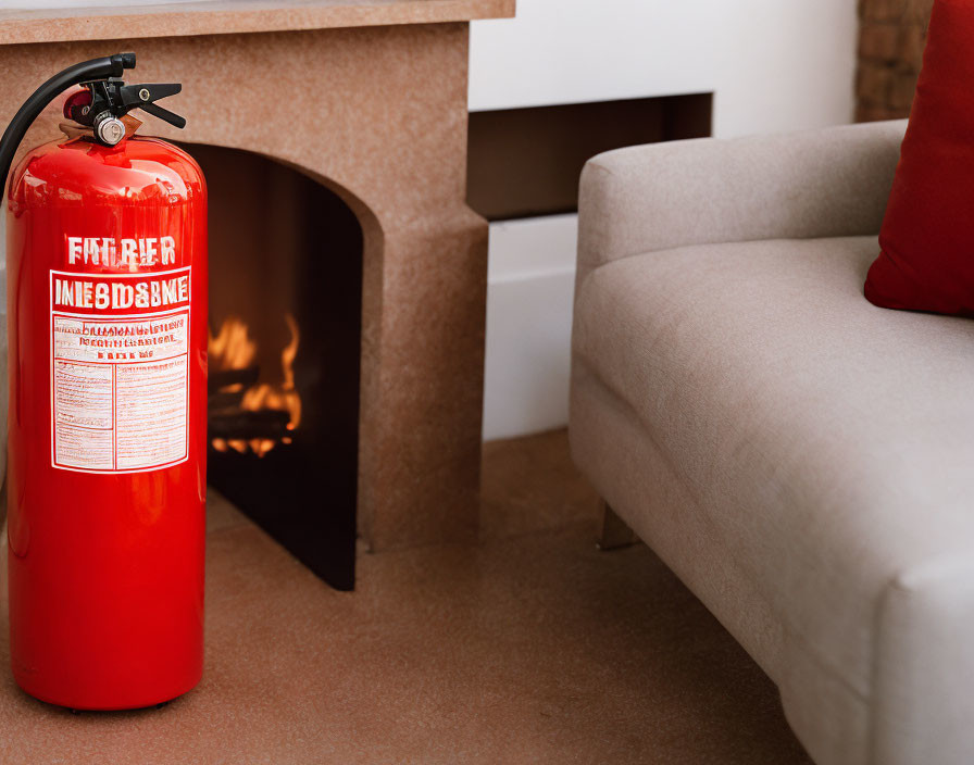 Red fire extinguisher near beige sofa and lit fireplace in cozy home.