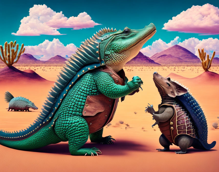 Fantasy-style armor-clad alligator and armadillo in surreal desert setting