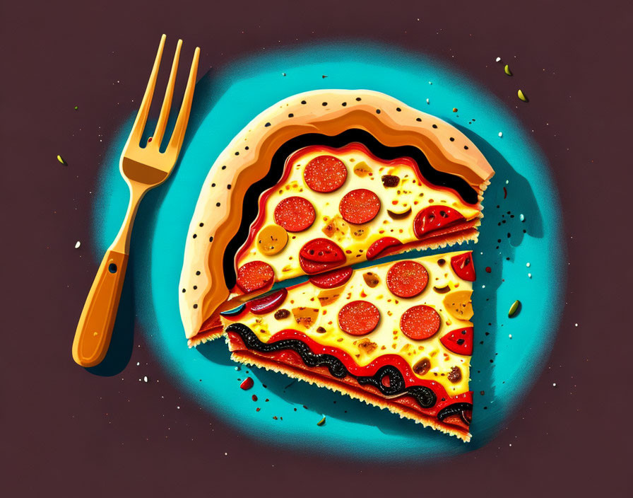 Pepperoni pizza slice with olives and tomatoes on dark background