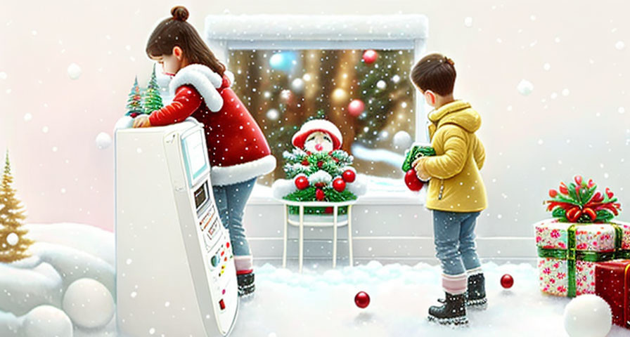 Children in winter attire by snowy window with Christmas decor and gifts.