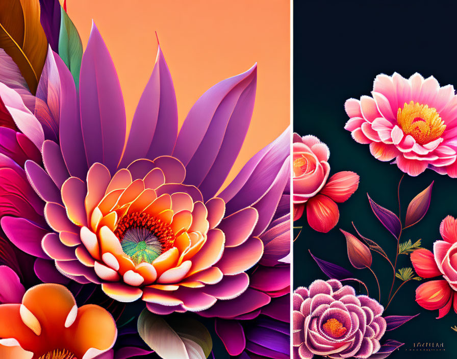 Colorful digital artwork: stylized flowers in purple, pink, orange on split warm & dark background