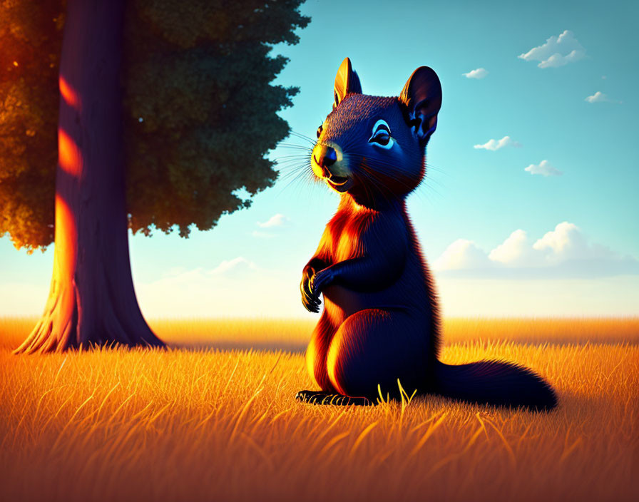 Anthropomorphic blue squirrel in golden field at sunset