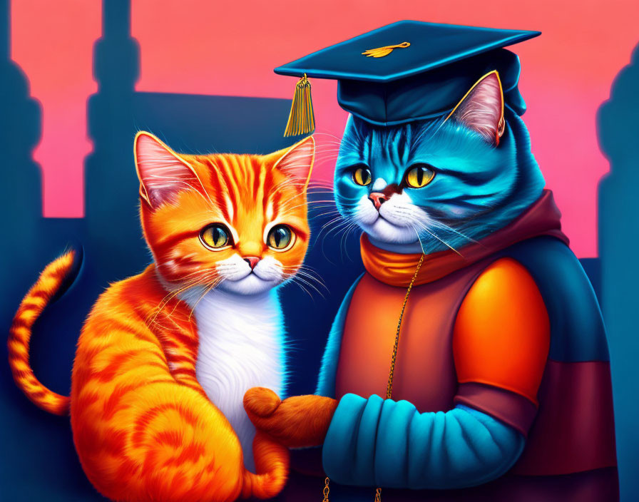 Anthropomorphic cats in graduation attire on colorful backdrop