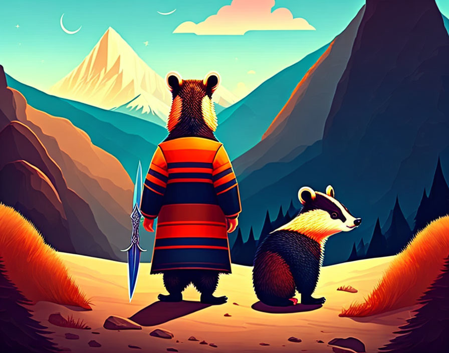 Anthropomorphic badgers in traditional attire against mountain backdrop