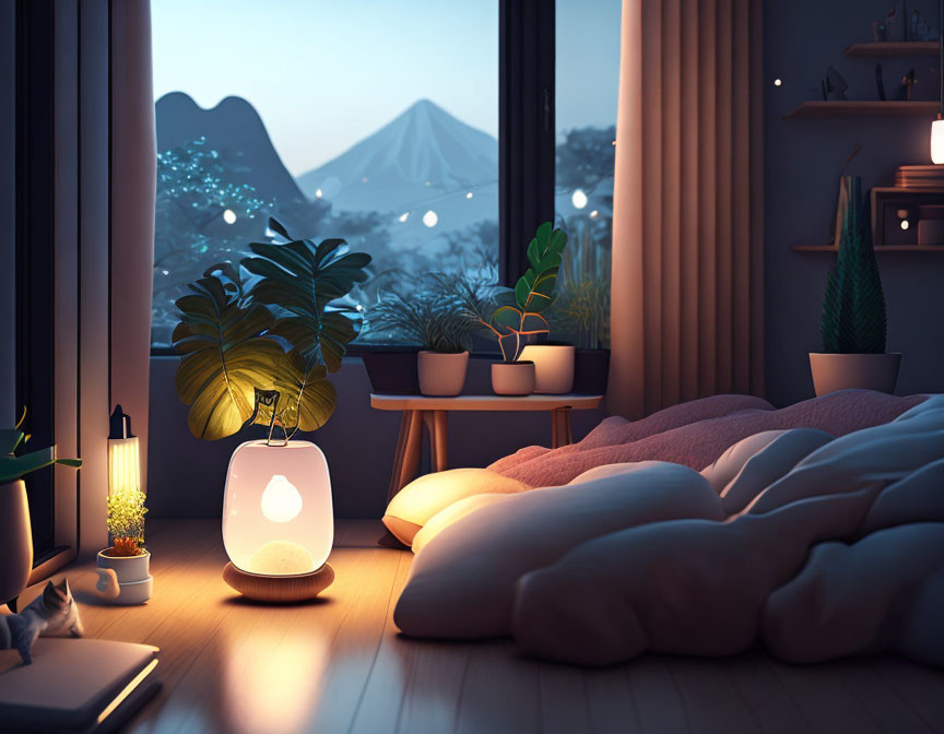 Nighttime bedroom with mountain view, plants, soft light, and cozy bed