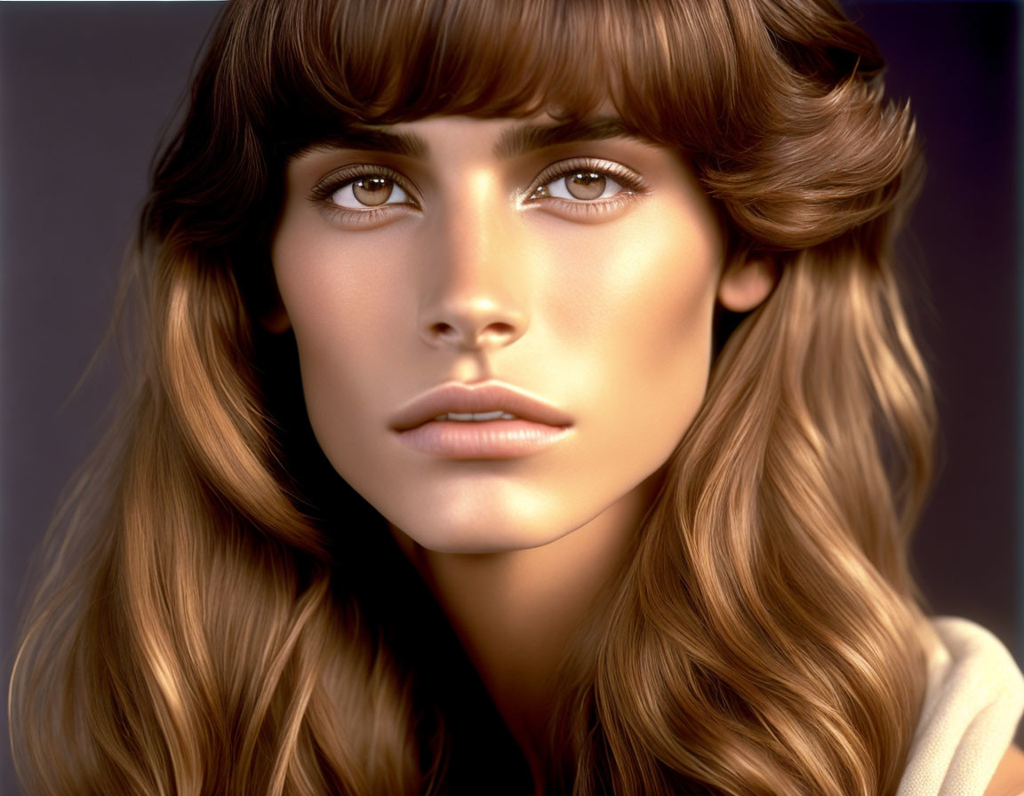 Brown-haired woman with wavy hair and bangs in digital portrait