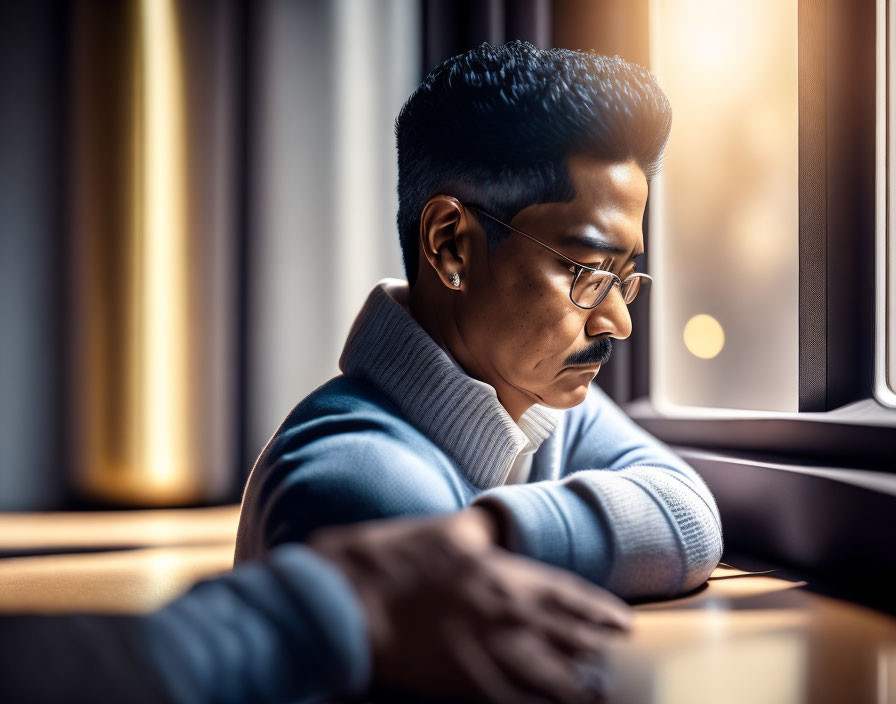 Man in glasses gazes out window in warm light