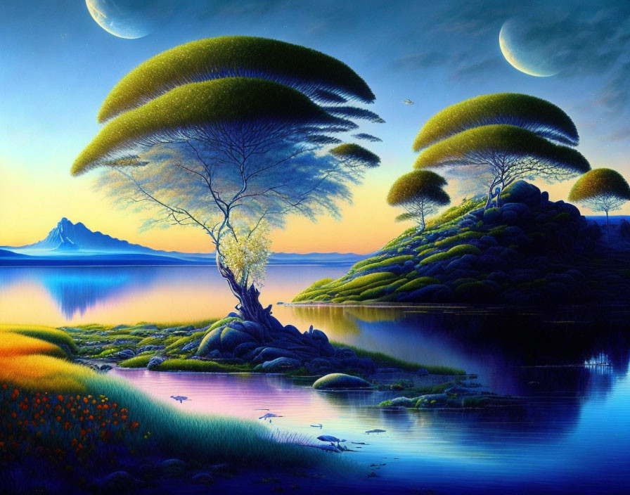 Fantasy landscape with floating islands, lush greenery, reflective waters, and multiple moons