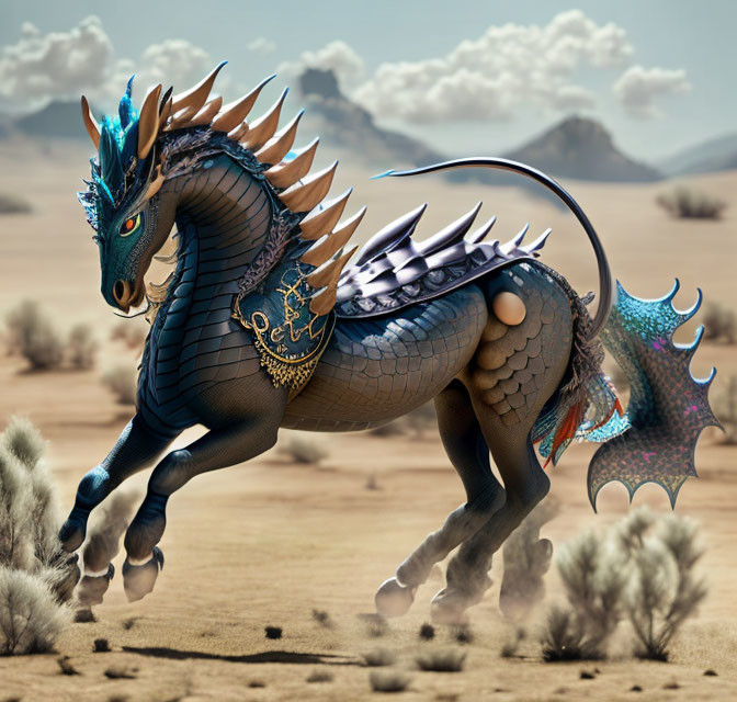 Blue dragon with horns, scales, and wings in desert landscape