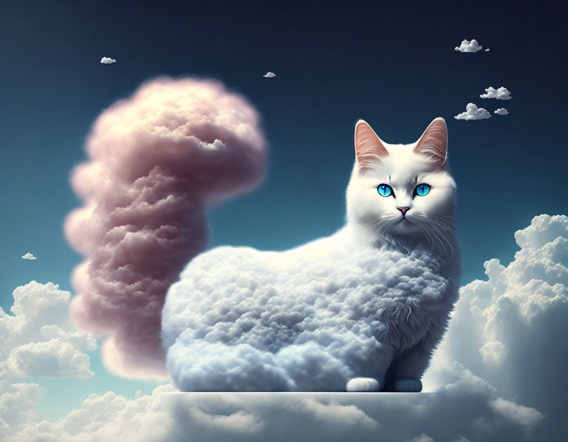 Fluffy white cat with blue eyes merged with cloud on pedestal against cloudy sky.