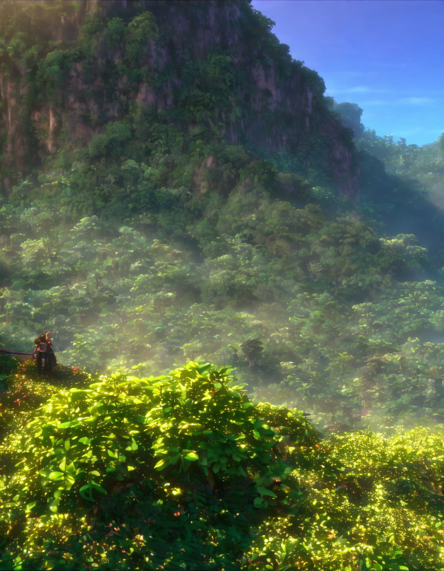 Lush green jungle scene with towering cliff and person gazing.