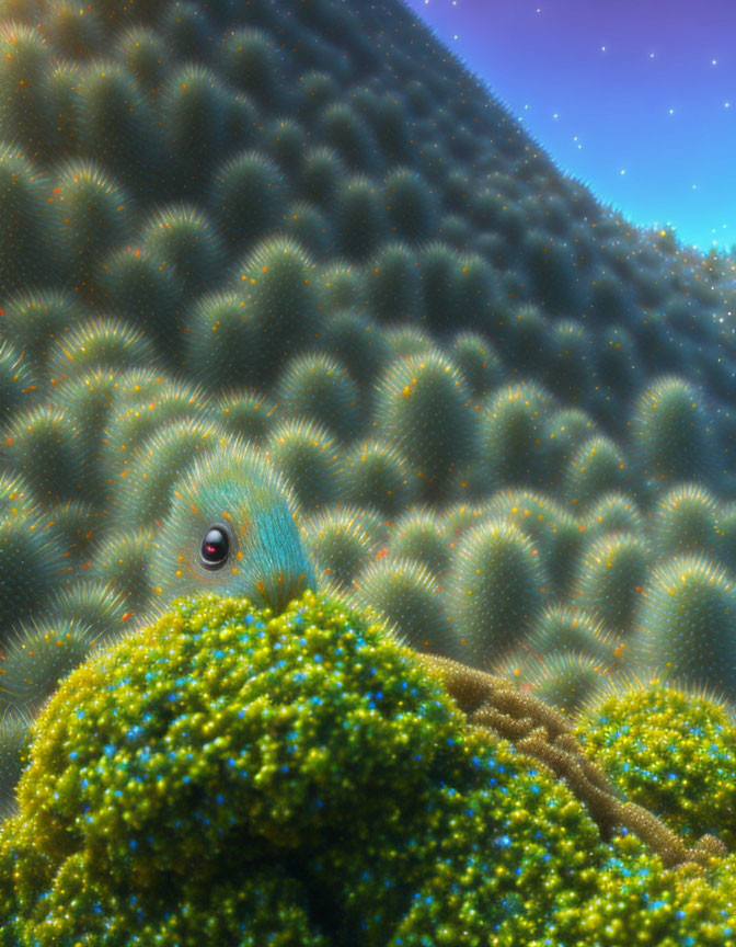 Detailed coral polyp texture with blue fish in vibrant underwater scene