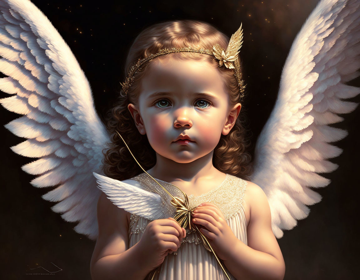 Child with angel wings holding feather in soft glow on dark background