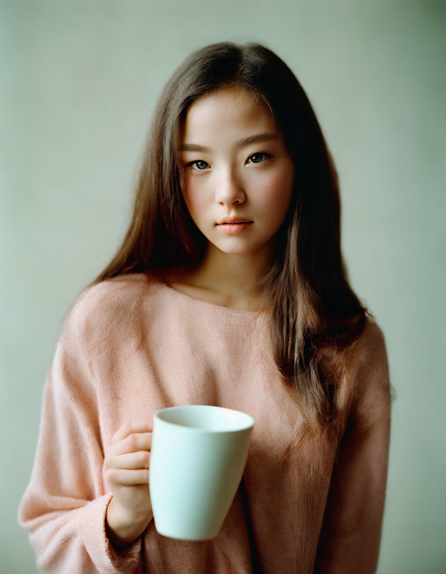 Young woman in peach sweater holding white mug with long hair.