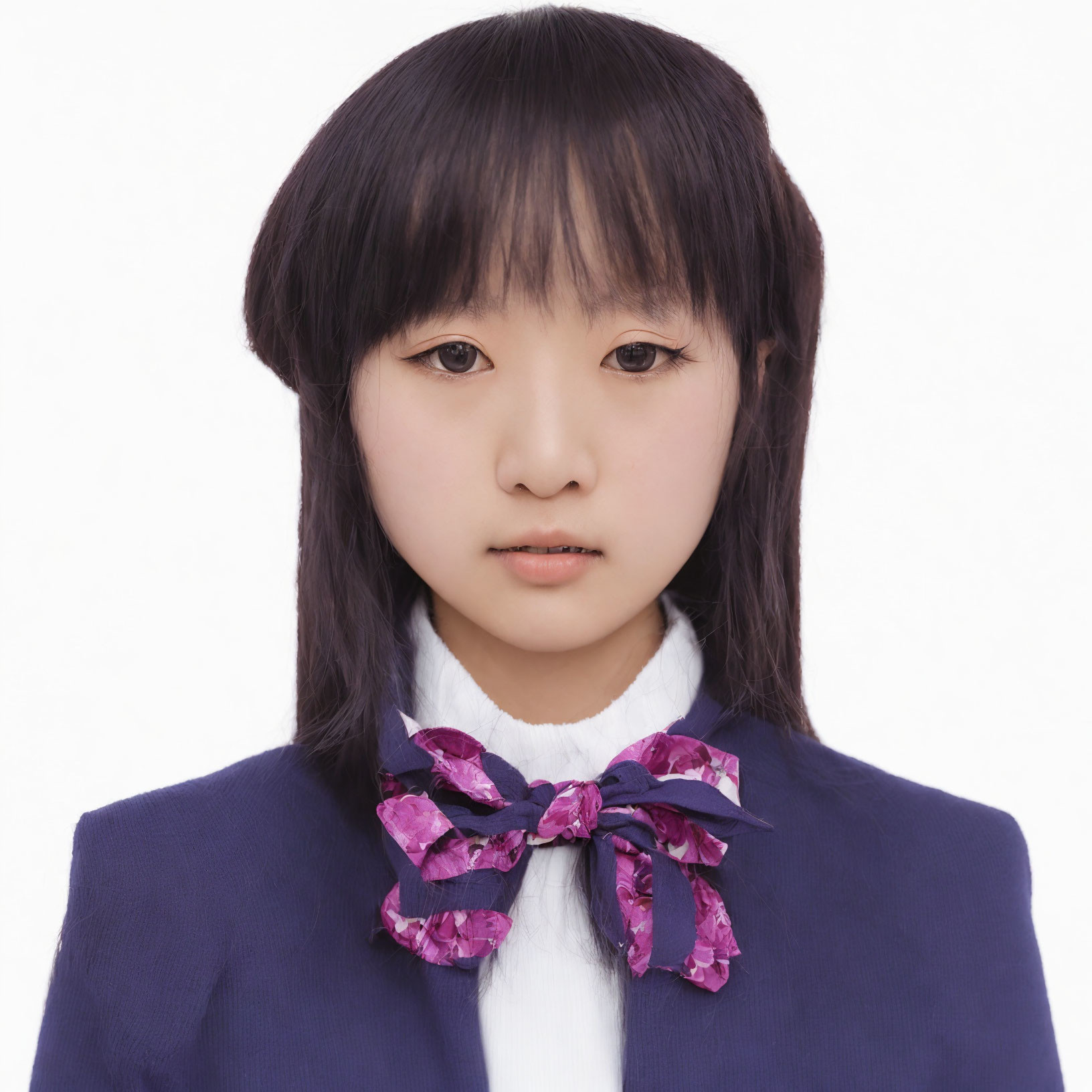 Asian girl with straight black hair, white blouse, and purple bow tie