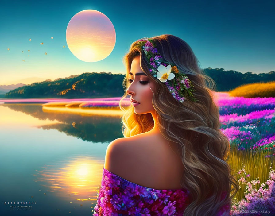 Woman with flowing hair and flowers gazes at sunset over tranquil lake surrounded by pink blooms and moon.