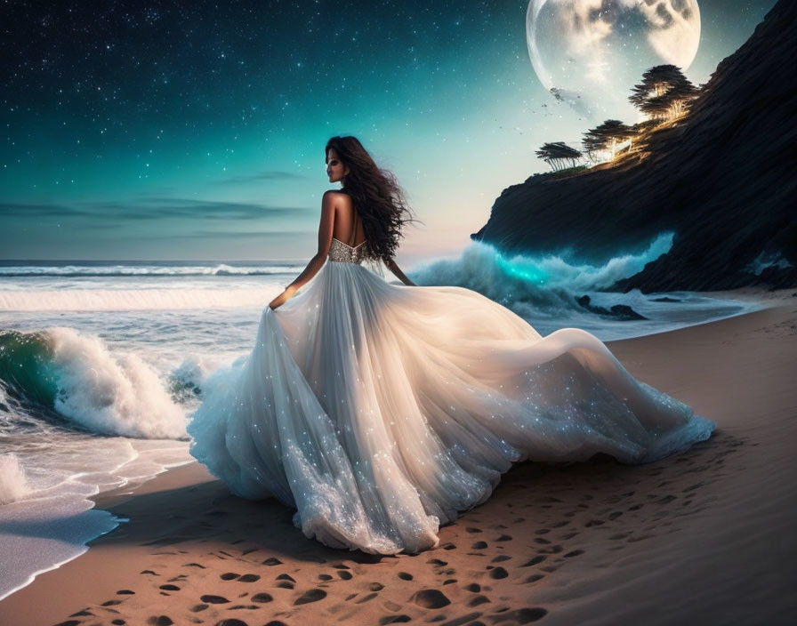 Woman in white dress on beach at twilight with large moon and gentle waves