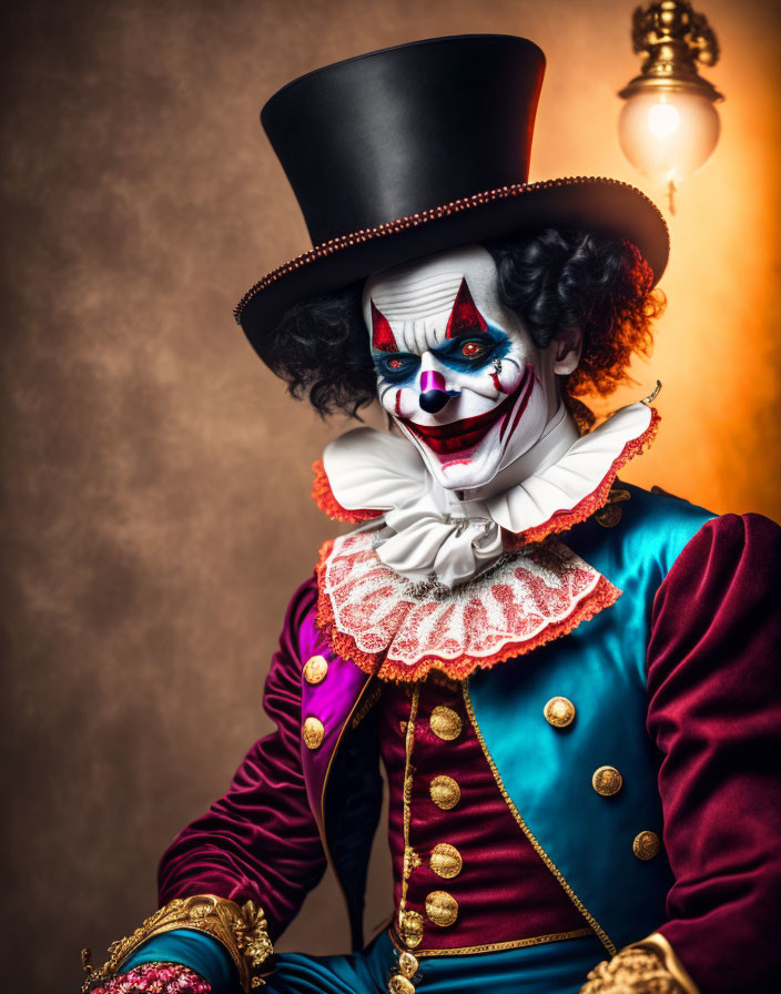 Vintage circus performer in clown makeup and top hat sitting by lamp