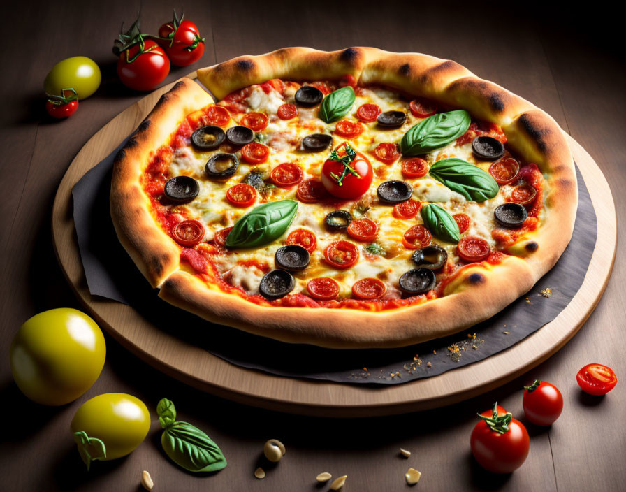 Cheese pizza with tomato, olives, and basil on wooden board