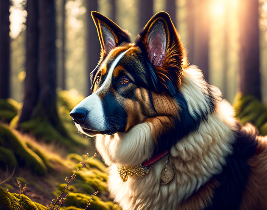 Fluffy dog with pointed ears in sunlit forest