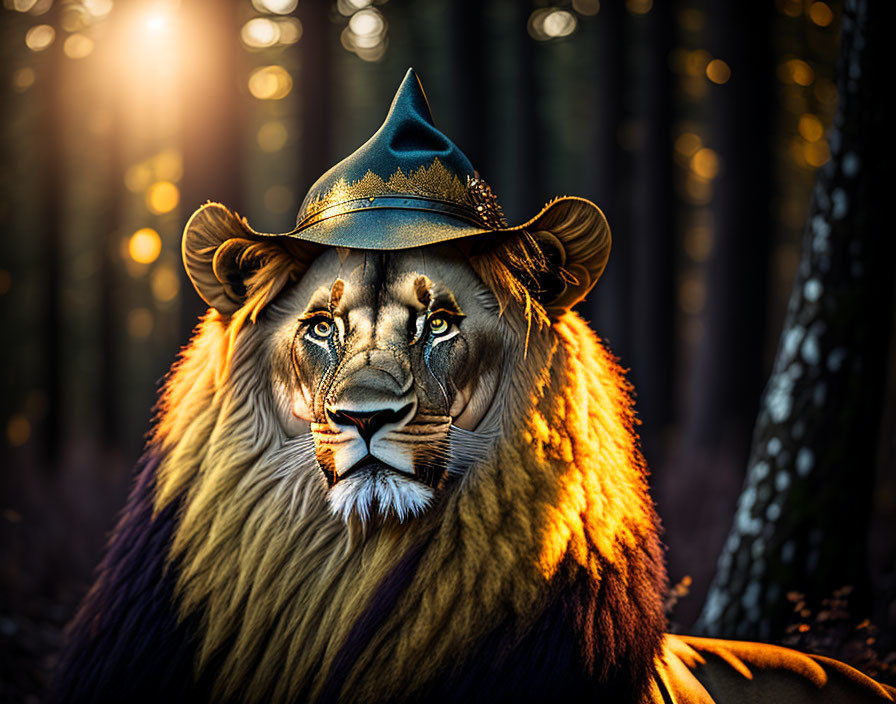 Majestic lion with sunlit mane and hat in serene forest