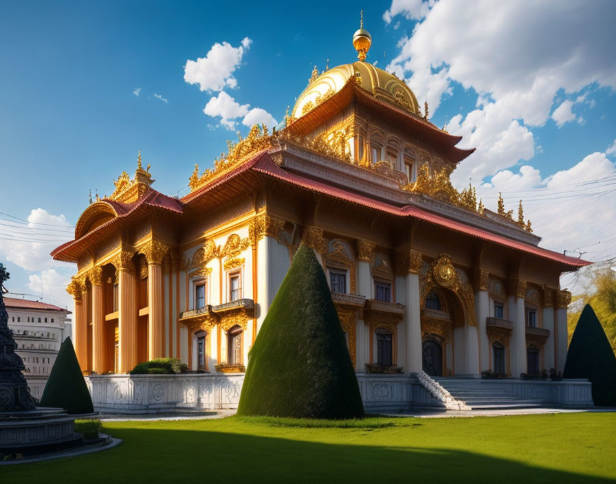 Golden-domed building with intricate decorations and manicured hedges under a blue sky.