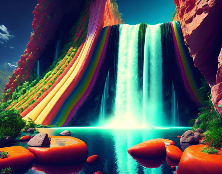 Vibrant digitally altered waterfall with rainbow-colored water and lush surroundings