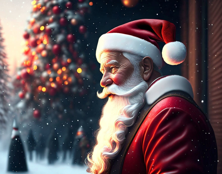 Profile view of Santa Claus in red suit and hat, smiling with Christmas tree and snowflakes.