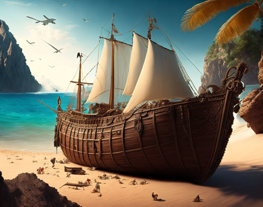 Wooden ship with billowing sails on sandy beach with palm trees, blue waters, and rocky cliff