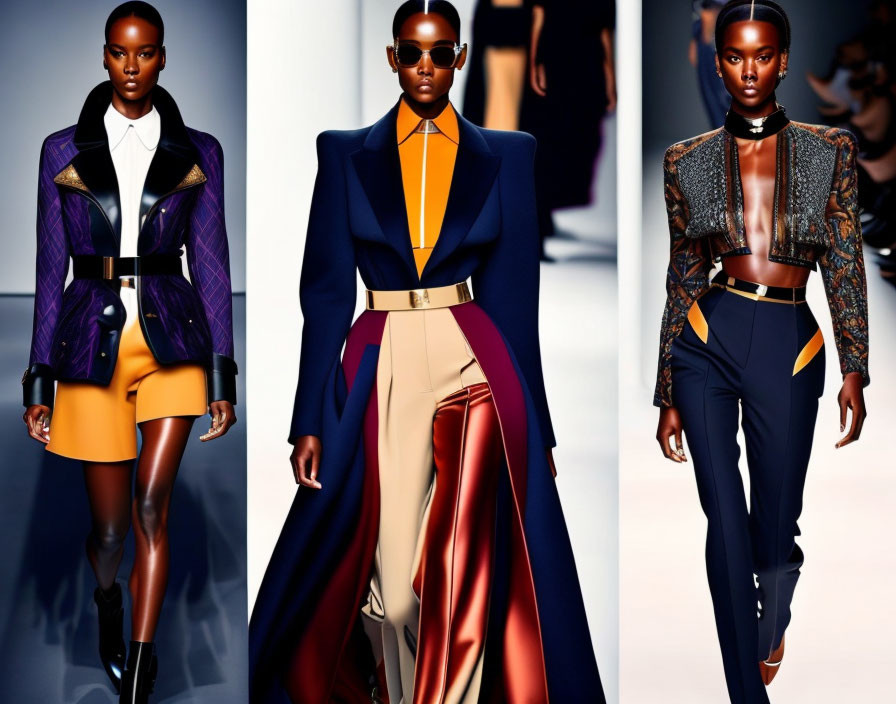 Avant-garde runway fashion show with bold color blocking and structured silhouettes