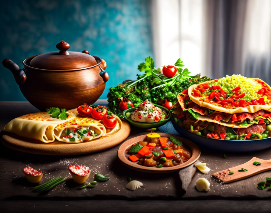 Colorful Vegetarian Spread on Rustic Wooden Table