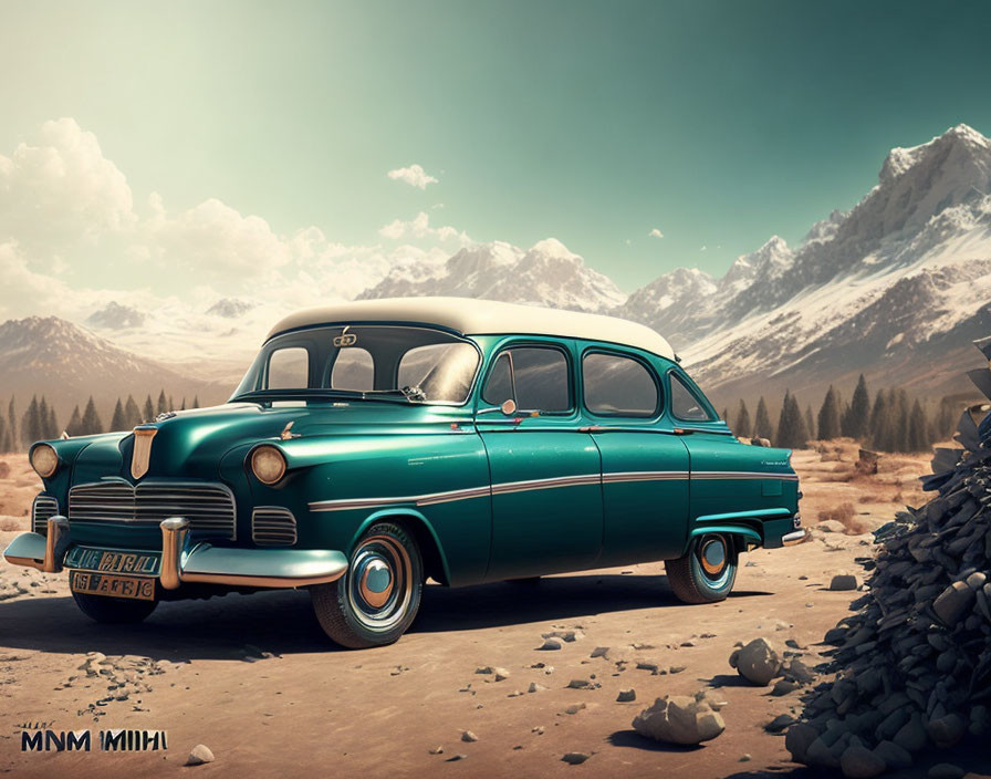 Vintage teal car on dusty road with rocks, snow-capped mountains, and blue sky