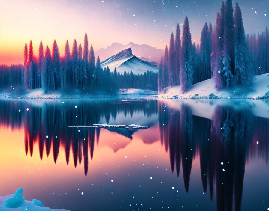 Snow-covered trees and mountains reflected in a tranquil lake under a pastel sky