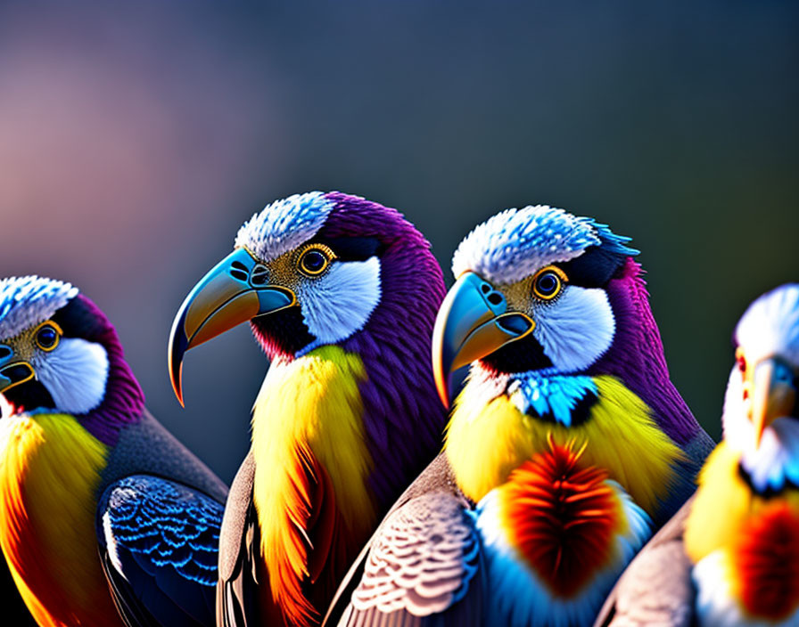 Vibrant stylized birds in purple, blue, and yellow hues