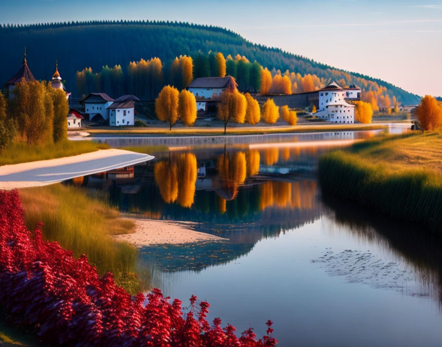 Tranquil autumn landscape with vibrant trees, calm lake, quaint buildings, gentle hills.