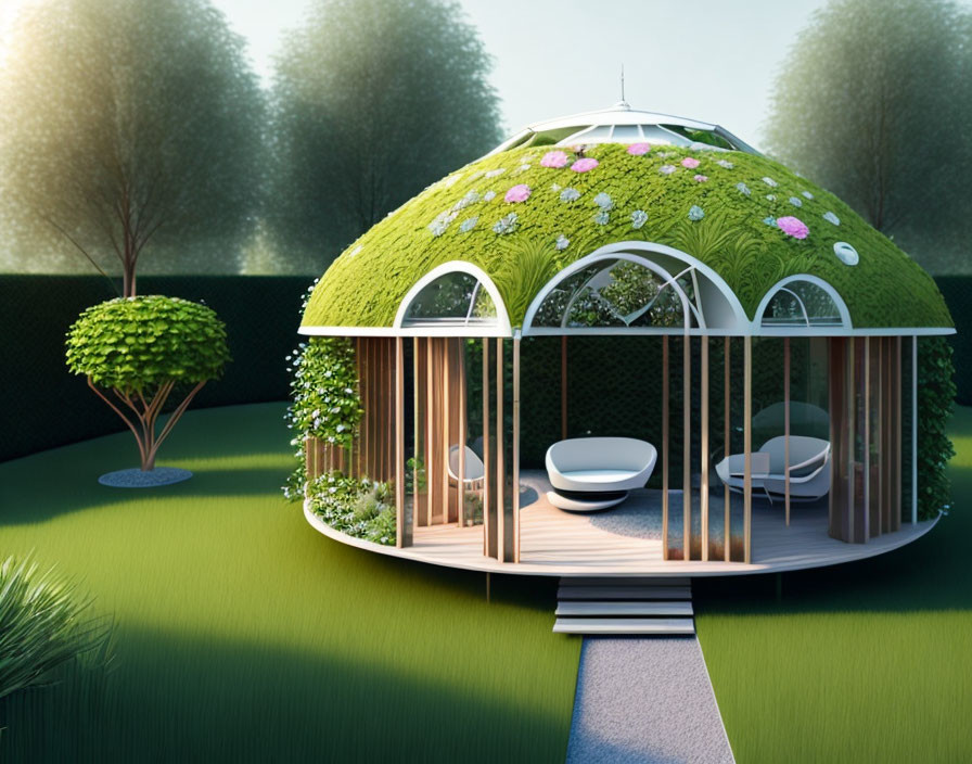 Dome-shaped eco-friendly house with green roof and modern interior