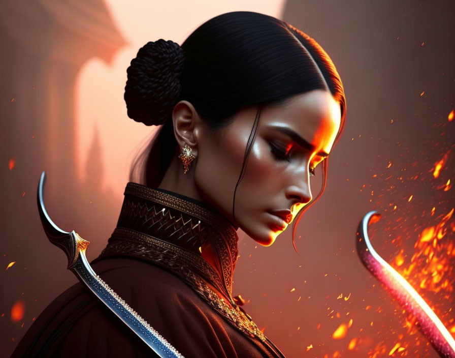 Female warrior digital artwork: sleek hairstyle, intricate armor, sharp sword, glowing embers