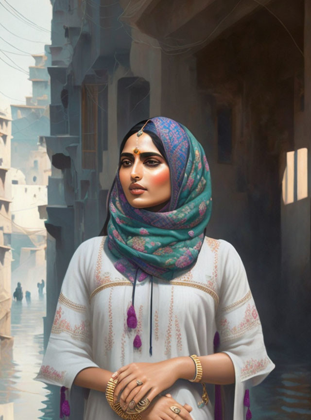 Woman in patterned headscarf and white top gazes at sunlit old buildings