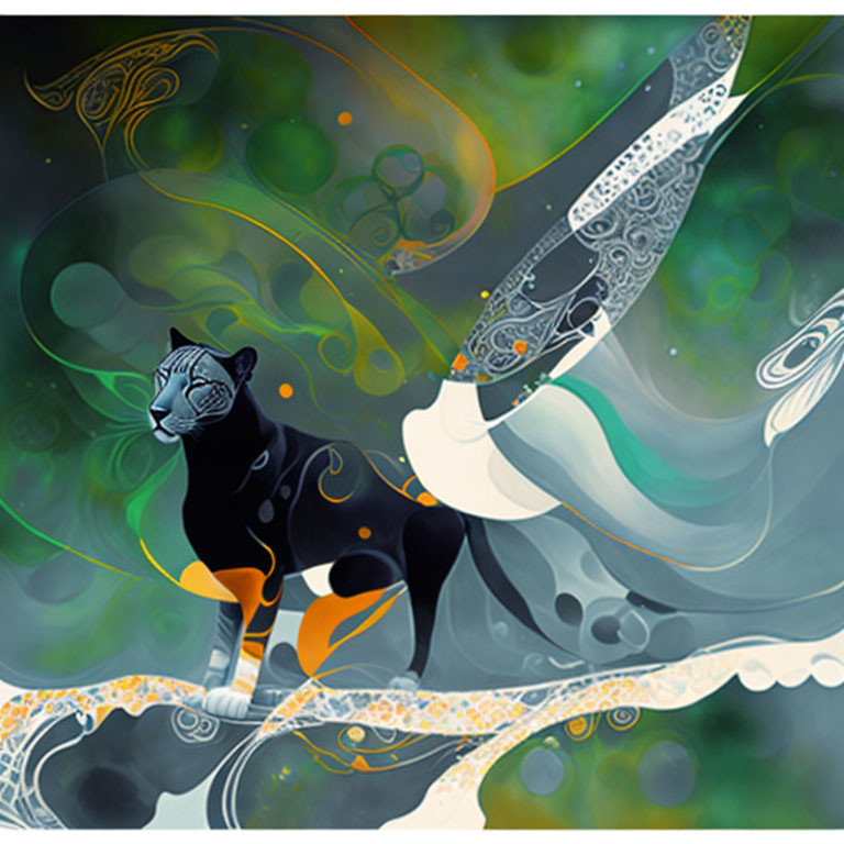 Abstract black panther illustration with green, white, and orange swirls on dark background