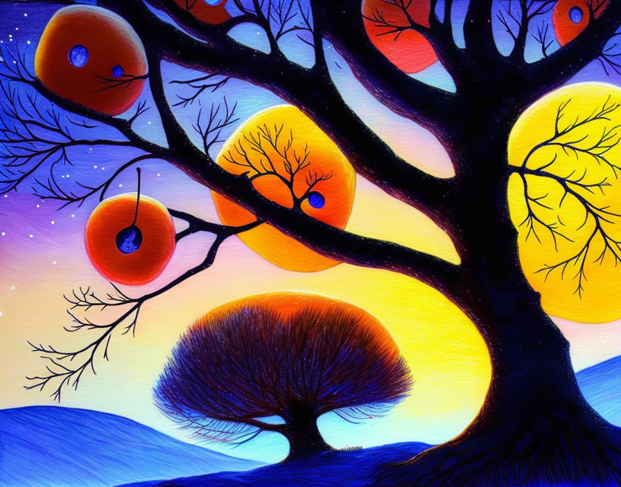 Vibrant sunset painting with stylized tree silhouette and hanging orange objects