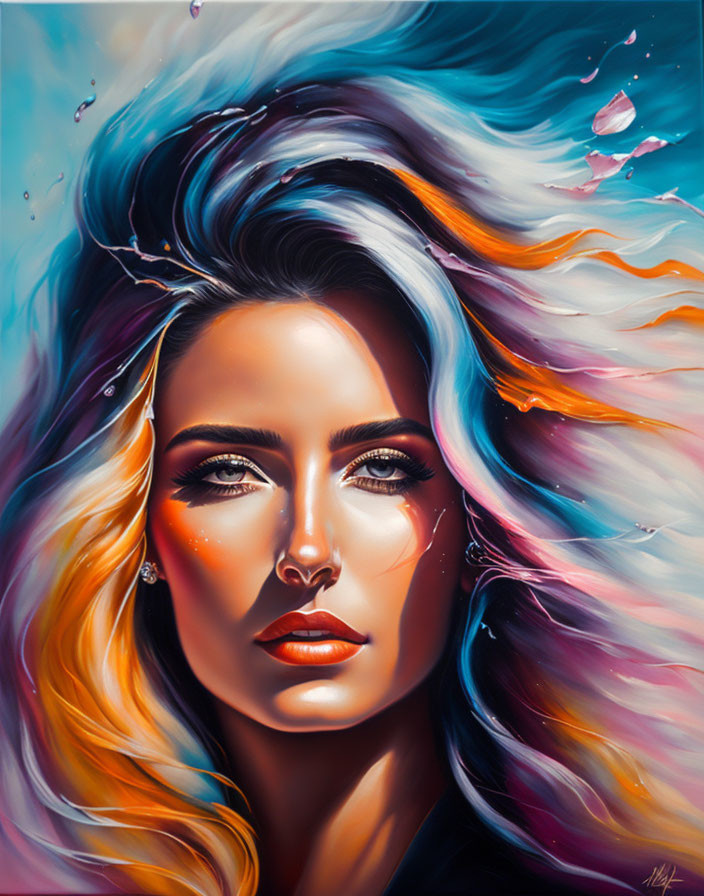 Colorful painting of woman with flowing hair and water droplets, strong gaze.