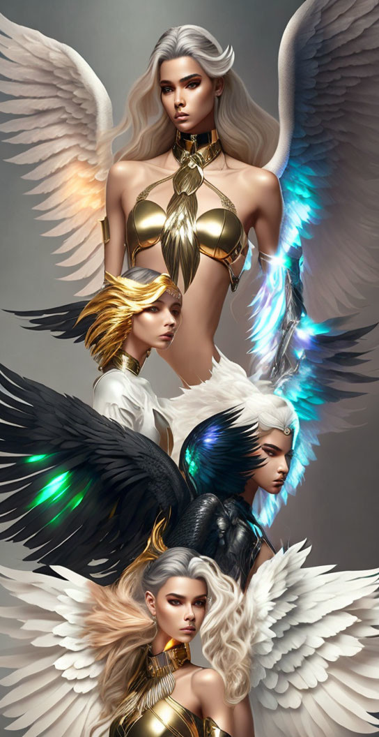 Female warrior angel digital artwork with four unique poses and varied wing colors and armor designs