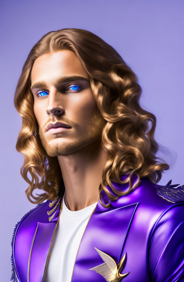 Digital artwork featuring man with long blond curly hair and blue eyes in shiny purple jacket with gold trim.