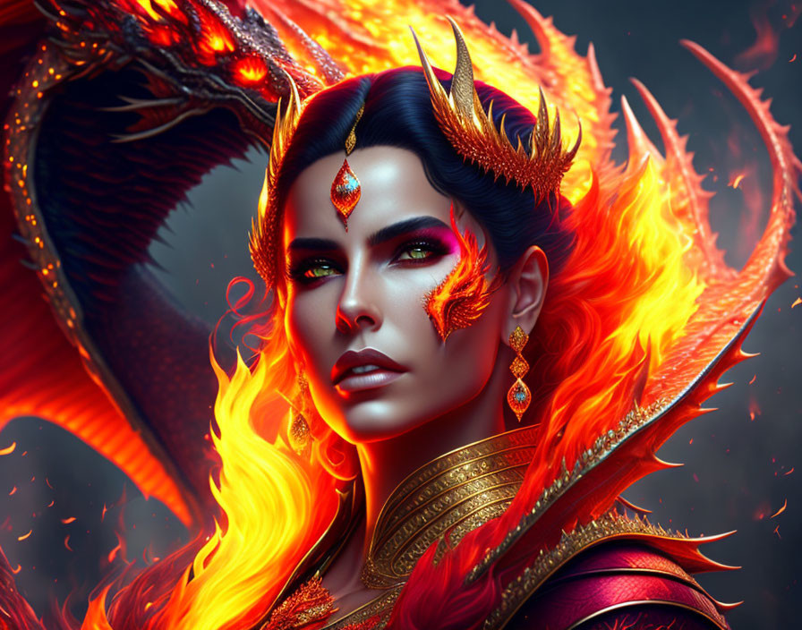 Fantasy Artwork: Woman in Dragon-Themed Armor with Fiery Red Hair