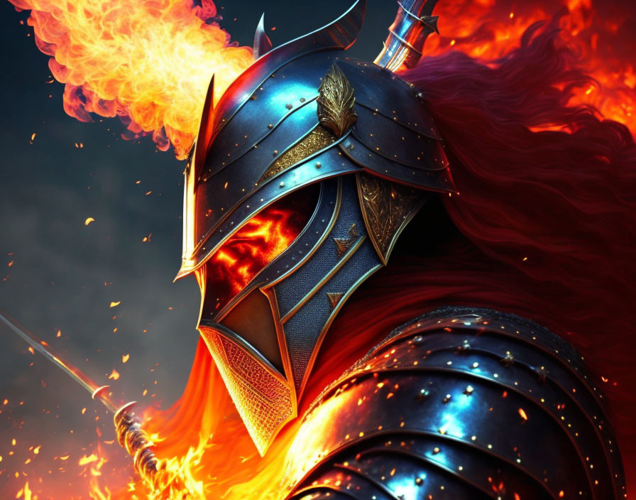 Armored knight breathing fire with glowing sword in fiery backdrop