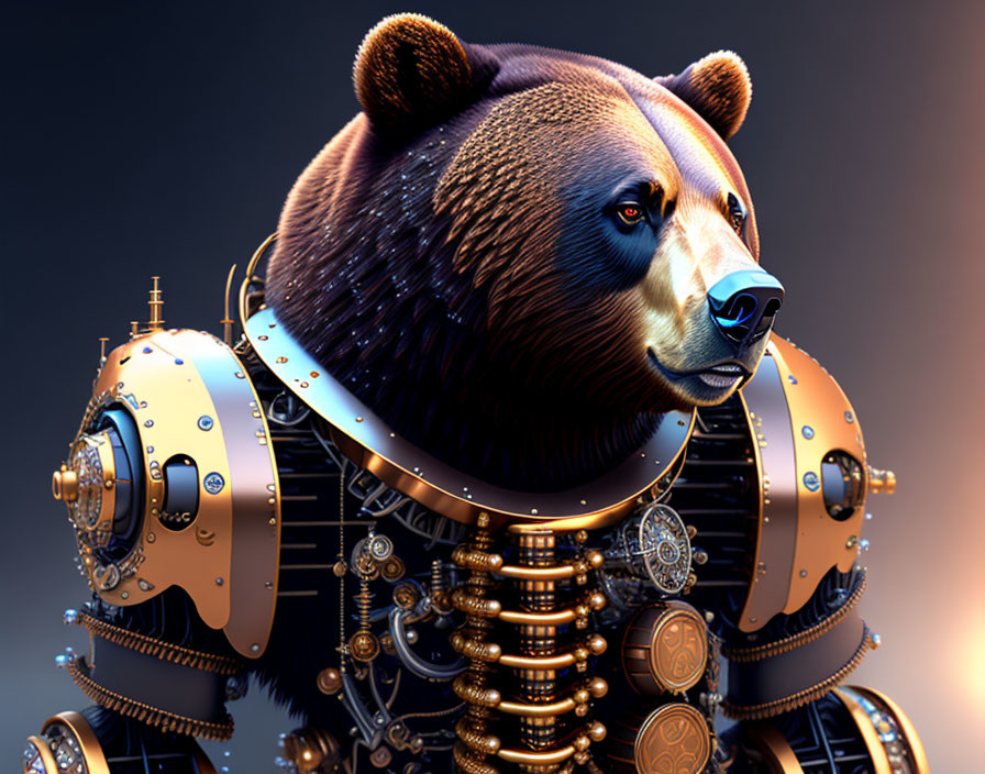 Steampunk digital art: Bear-headed mechanical creature with intricate gears.